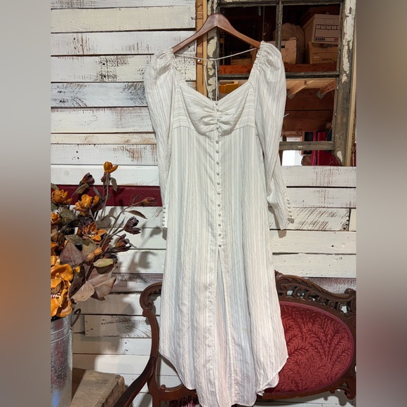Free People Dresses & Skirts - Free People Ivory Striped Long Sleeve Button Front Midi Dress